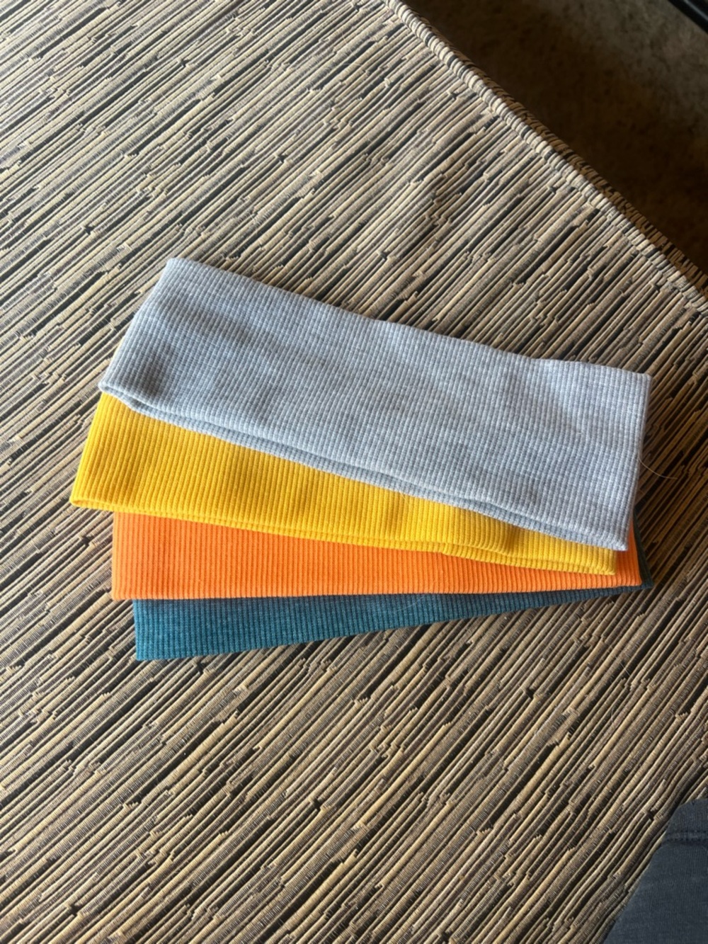 Set of Four Ribbed Knit Headbands in Light Gray, Yellow, Orange & Teal